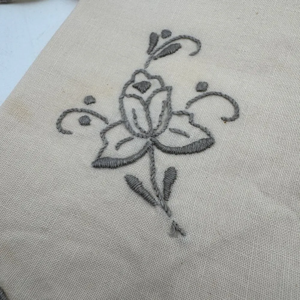 Vintage Embroidered Napkins Gray edges with Gray Flowers set of 6 plus 1